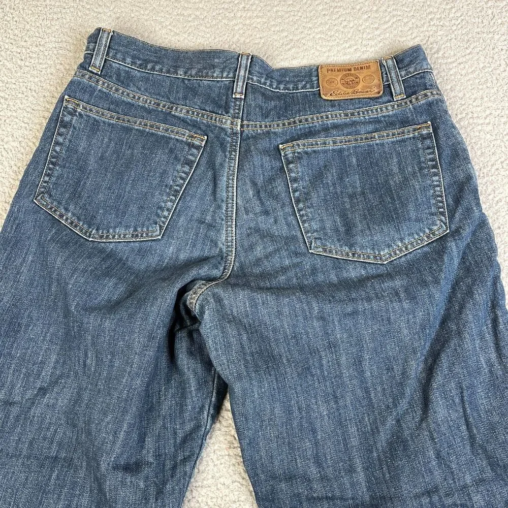 EDDIE BAUER Flannel Lined Jeans Mens 34x32 Blue Relaxed Red Plaid Outdoor Cowboy